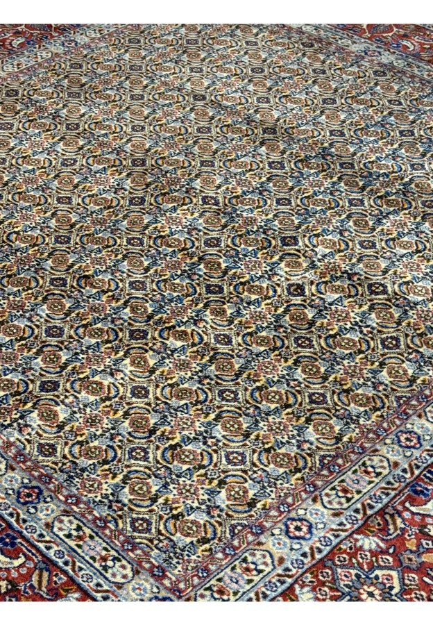 Close-up view of intricate floral design on Persian Moud Square Rug