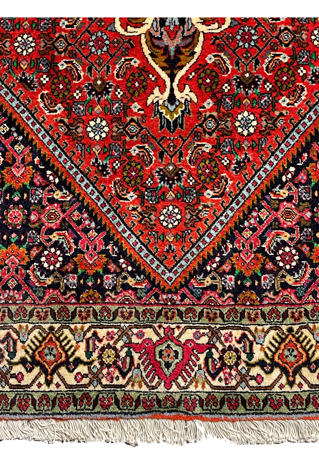 Corner detail of Bijar Rug with visible fringe and border design.