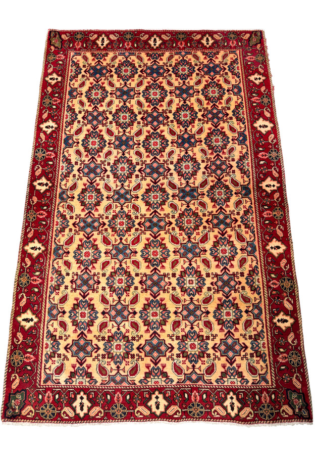 Top view of a 3'4 x 5'3 Persian Hamedan Rug, highlighting the overall design and detailed weaving.