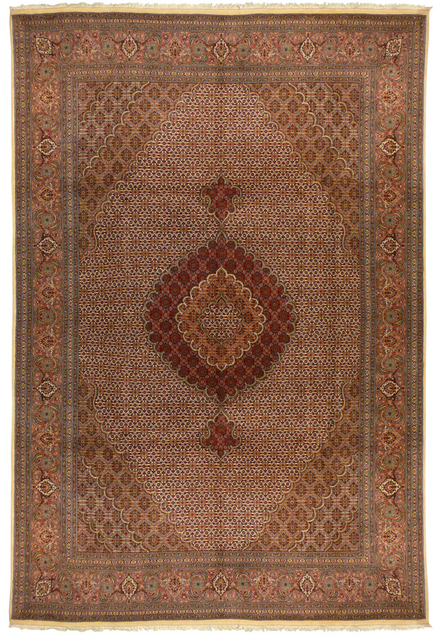 Full view of 6'6" x 9'9" Signed Tabriz Mahi Silk 50 Raj Rug showcasing intricate patterns and medallion design.