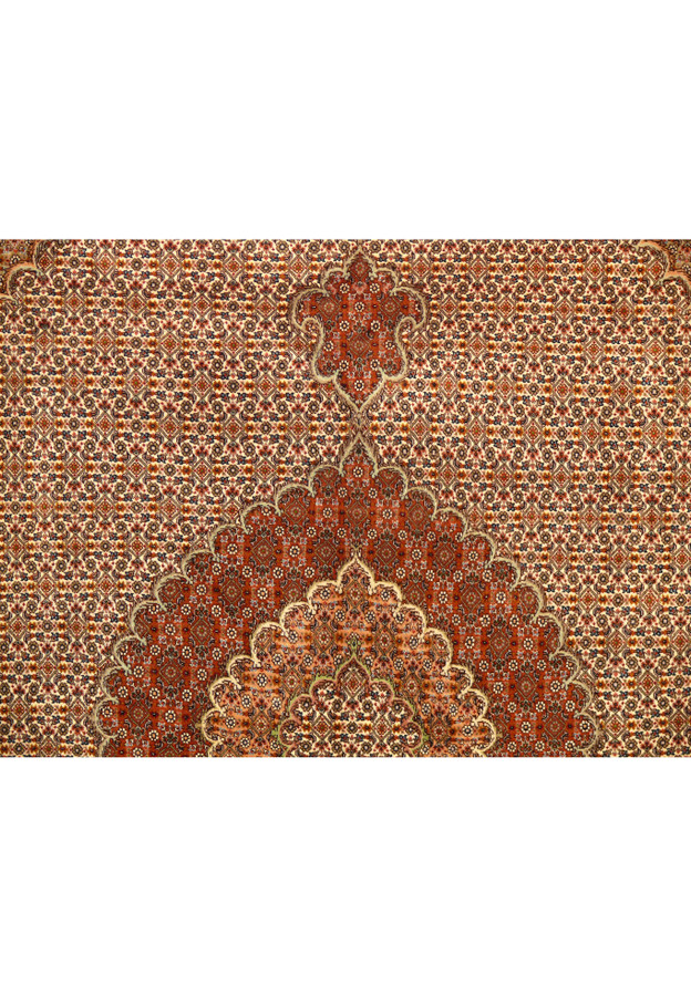 Pattern detail of the Tabriz Mahi Silk Rug showing the repeating motifs and vibrant colors.