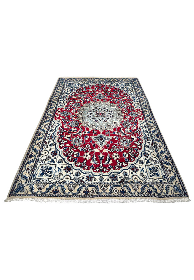 3 x 4.6 Red Nain Persian Rug laid flat showcasing its detailed red, white, and blue patterns