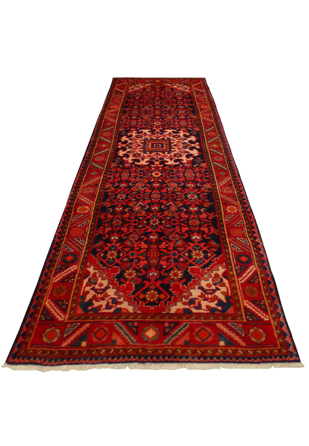 3'6 x 10'6 Persian Hamedan Runner laid flat, displaying the complete design and craftsmanship.