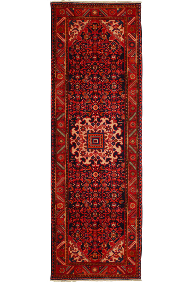 Full view of 3'6 x 10'6 Persian Hamedan Runner, highlighting detailed patterns and rich color palette.
