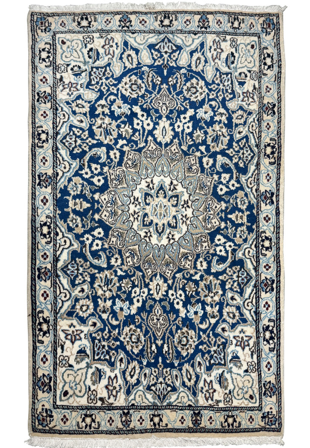 Full view of a 3x5 Persian Nain Rug featuring an intricate floral medallion design with detailed borders.