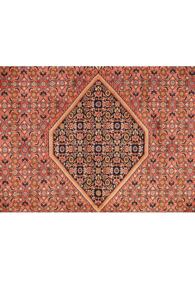 Focus on the medallion of the 8'2 x 11'4 Persian Bijar Rug with surrounding floral patterns in a contrasting color scheme.