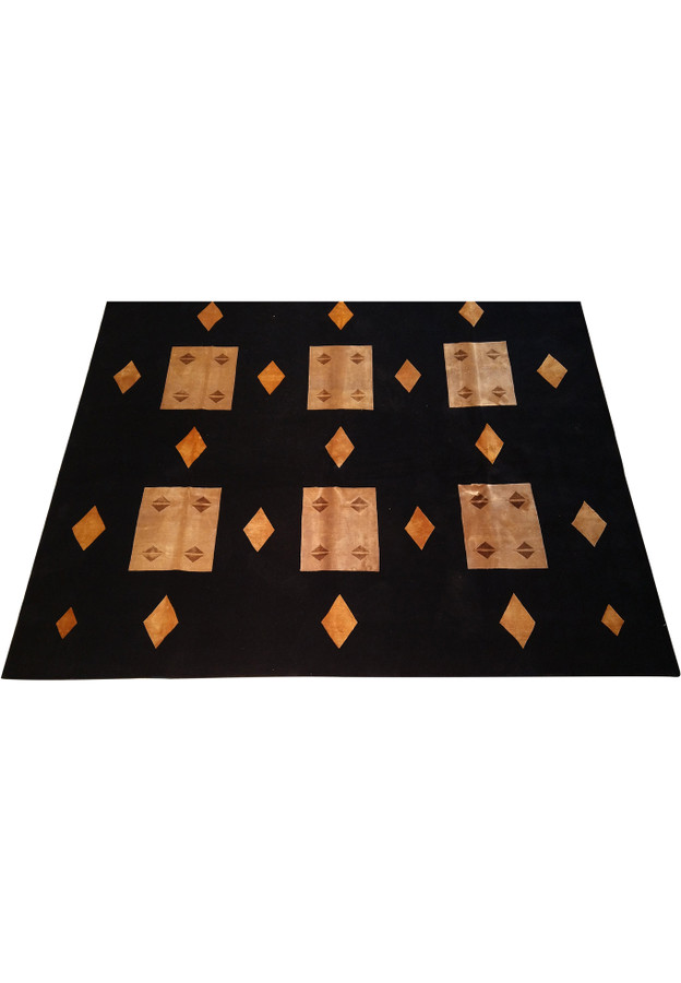 Laid down view of 8'9 x 11'10 contemporary rug with wool and silk material.
