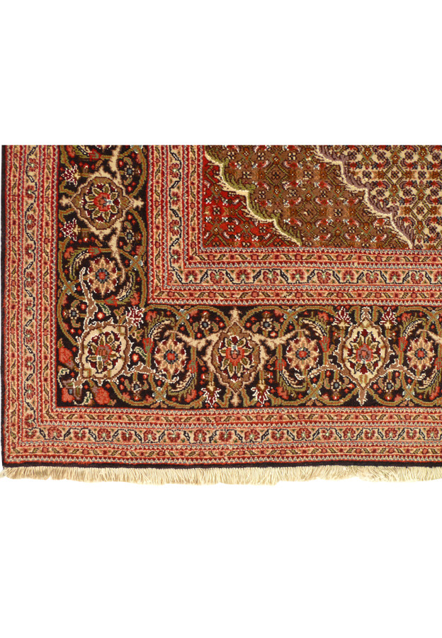 Detailed view of the border pattern on a 6'6 x 10'3 Persian Tabriz Mahi rug.