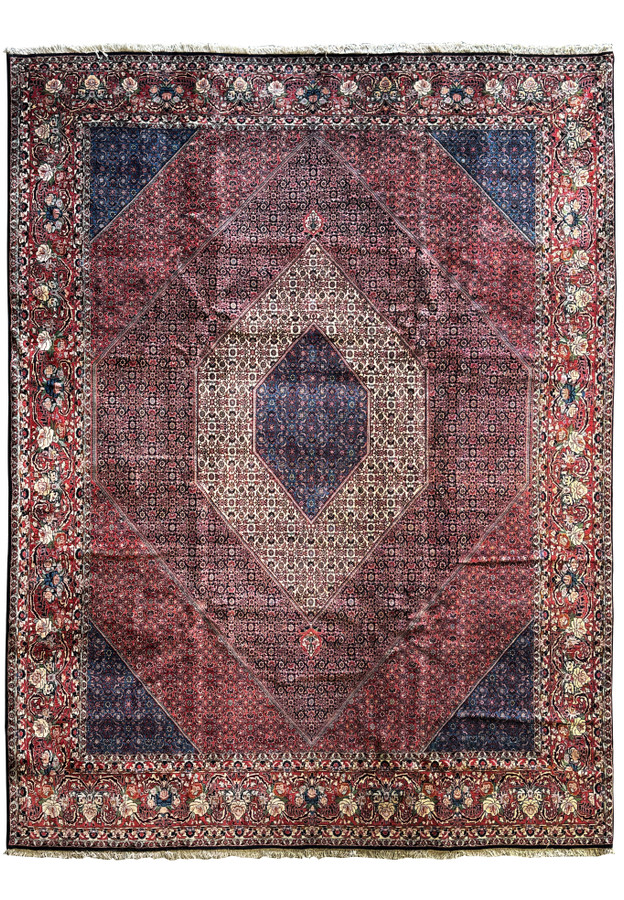 Full view of the 10x13 Persian Bijar rug laid down showcasing its large size