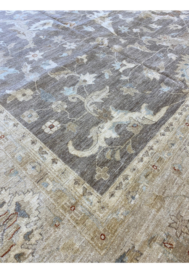 Angled view of 16 x 20 Chobi Peshawar Rug highlighting the detailed floral motifs.