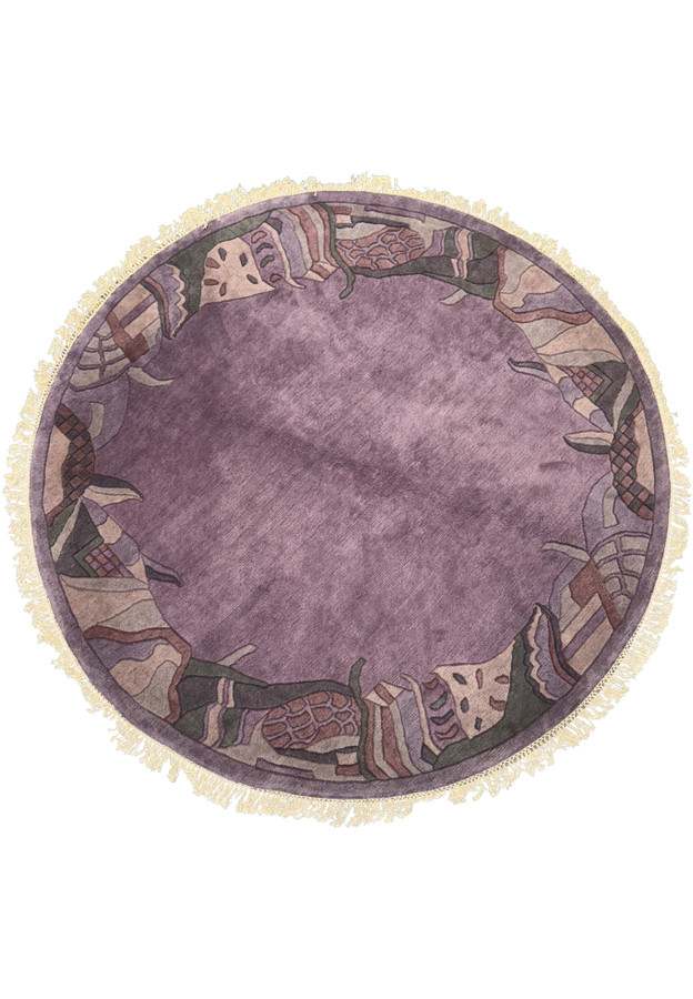 Round Nepali Art Deco Rug with Tibetan wool, 7'3 x 7'3, featuring intricate border designs in lavender, plum, beige, and green.