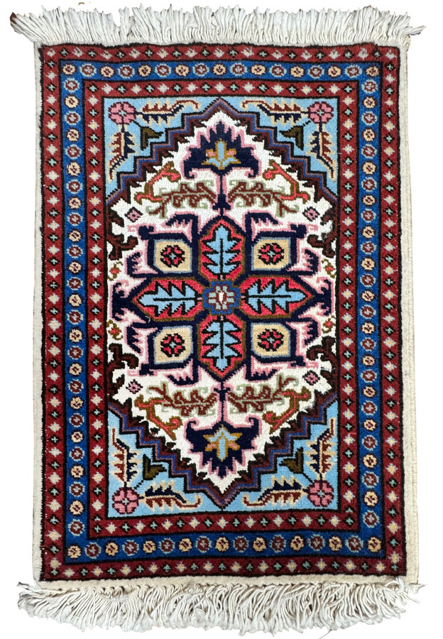 Full view of 1'3 x 2' Persian Ardebil Wool & Silk Poshti rug with central medallion and geometric borders.