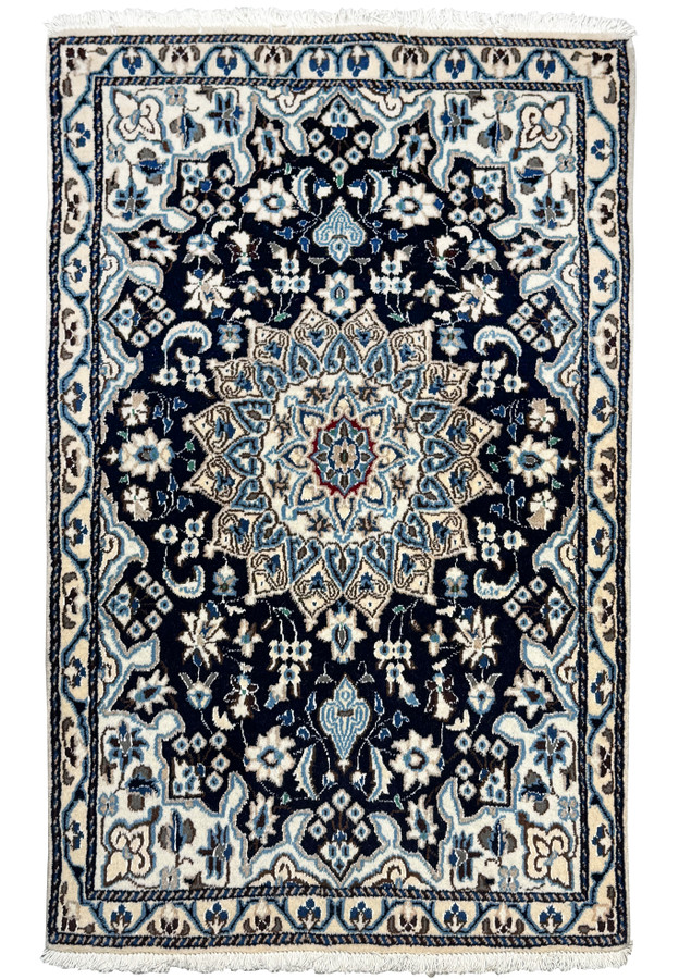 Full view of 2'8 x 4'6 Persian Nain Rug showcasing a large central medallion with floral patterns in navy, light blue, and ivory.