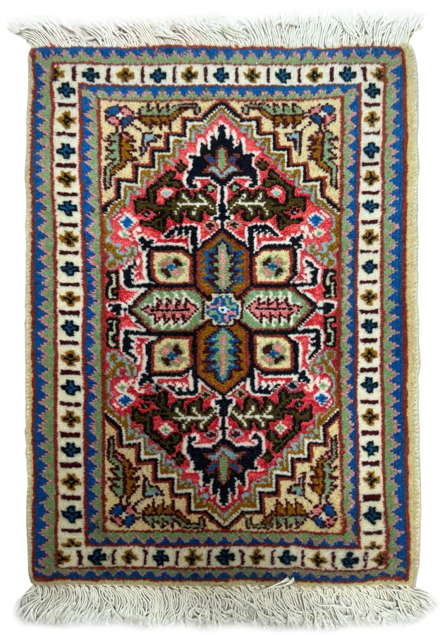 Entire view of 1'3 x 2 Ardebil Persian Wool & Silk Poshti Rug with intricate medallion and geometric design.