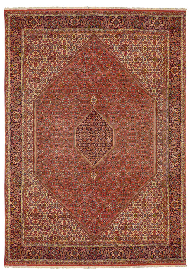 Full view of a handwoven 8 x 11 Persian Bijar Rug, featuring a large hexagonal medallion and intricate patterns.