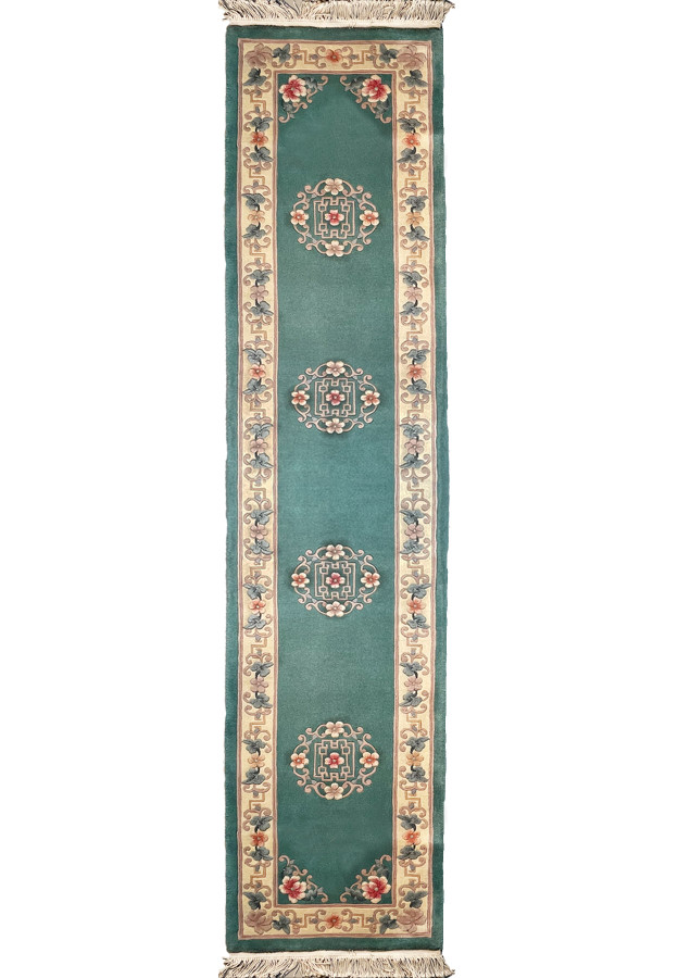 Full view of 2'3 x 10'2 Walter Nichols Art Deco Runner in teal with floral motifs and cream border.