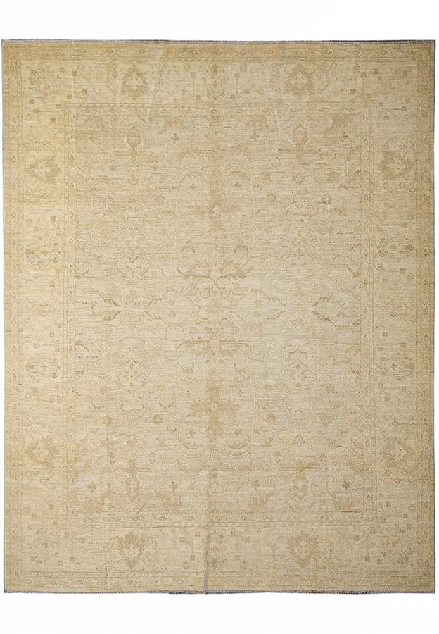Full view of 8 x 9.6 handmade Chobi Ziglar rug with soft neutral tones and allover faded floral and geometric pattern.