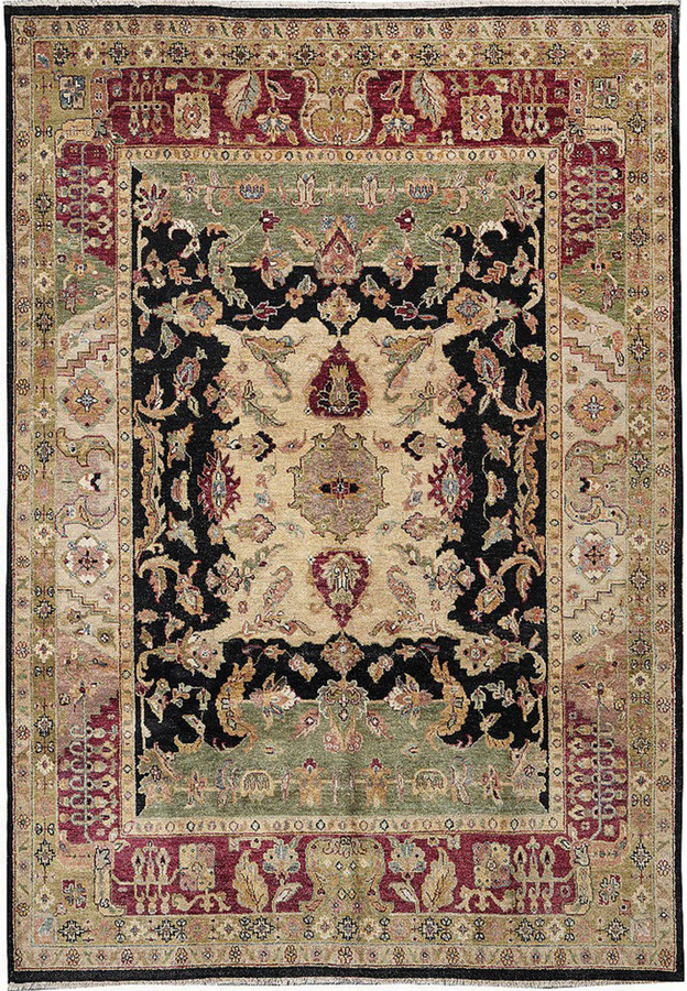 Full view of 8.5 x 11.6 Oriental Oushak rug with antique pattern in black, burgundy, and green wool