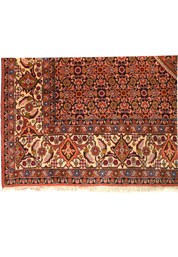 Close-up of the border design on Persian Bijar rug featuring stylized flowers and tribal bird motifs