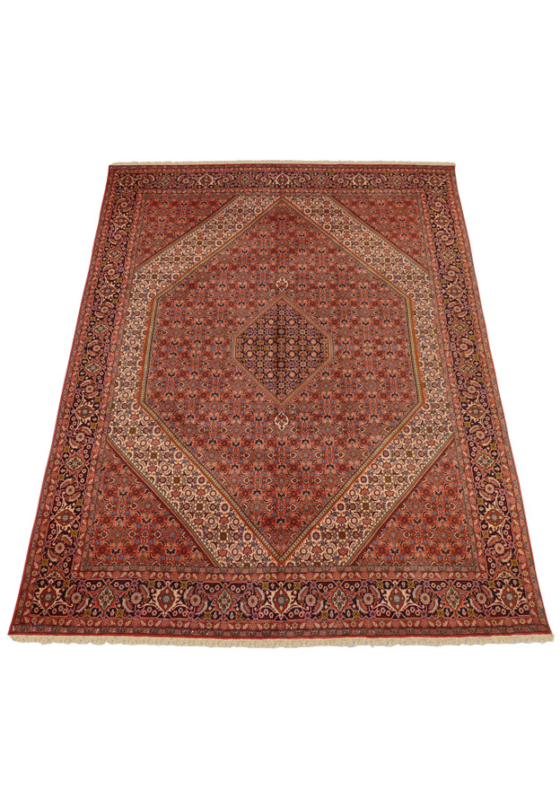 Angled view of Persian Bijar Rug highlighting dense weave and deep color palette.