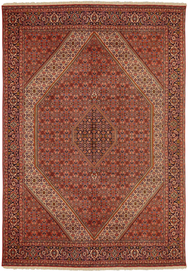 Full view of 8 x 11'5 Persian Bijar Rug showing traditional Herati design and rich red field.