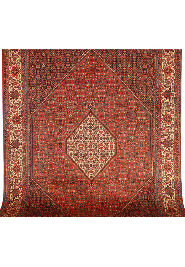 Center field detail of Bijar rug with elongated rust hexagon framing ivory diamond medallion; repeating floral lattice.