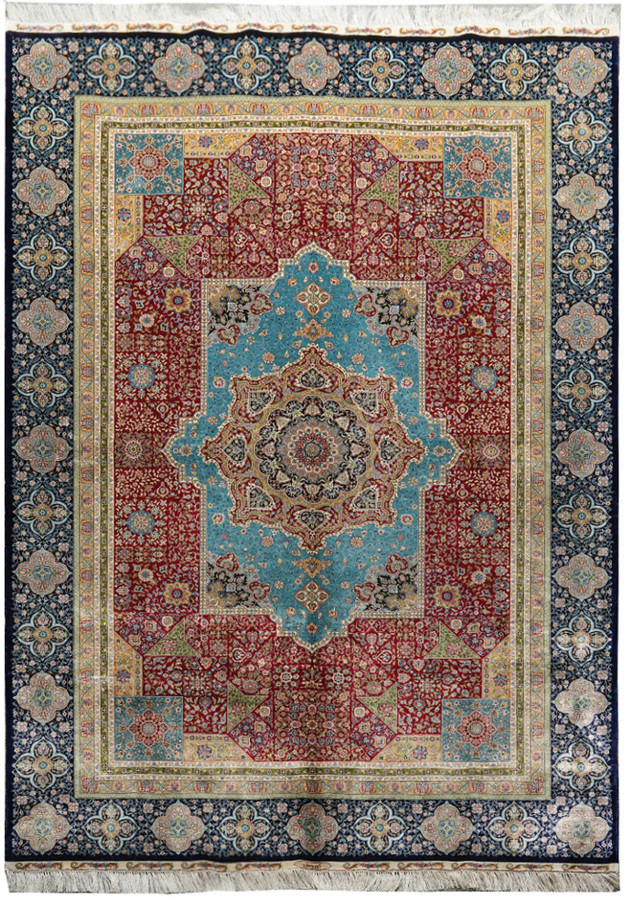 6x9 signed oriental silk rug, hand-knotted in China, vintage Kurosh design with medallion and floral motifs