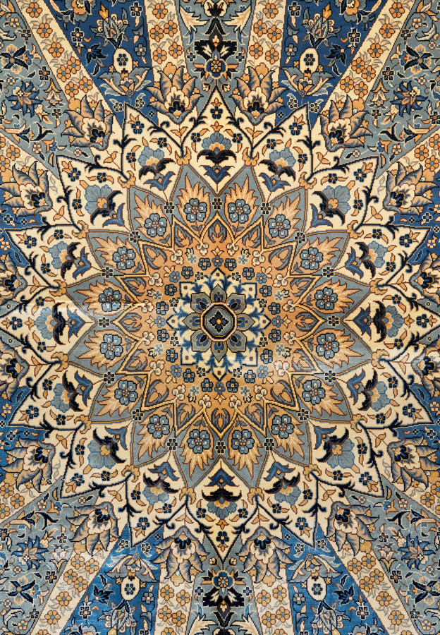 Detailed starburst medallion design on hand-knotted Chinese silk rug, signed collectible