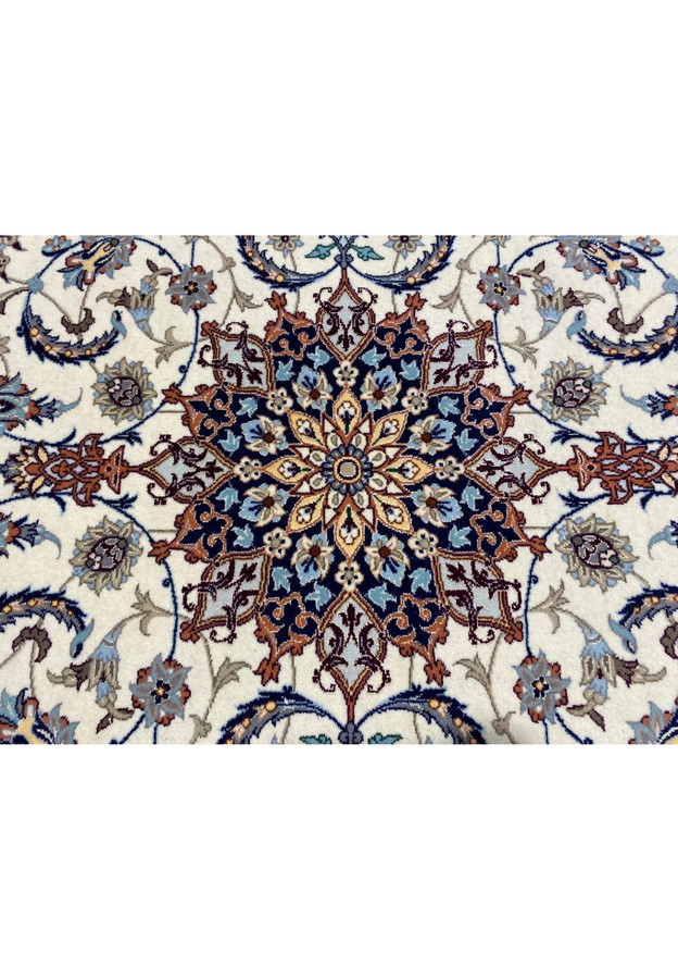Persian Isfahan runner medallion with intricate starburst, floral motifs, and ivory background