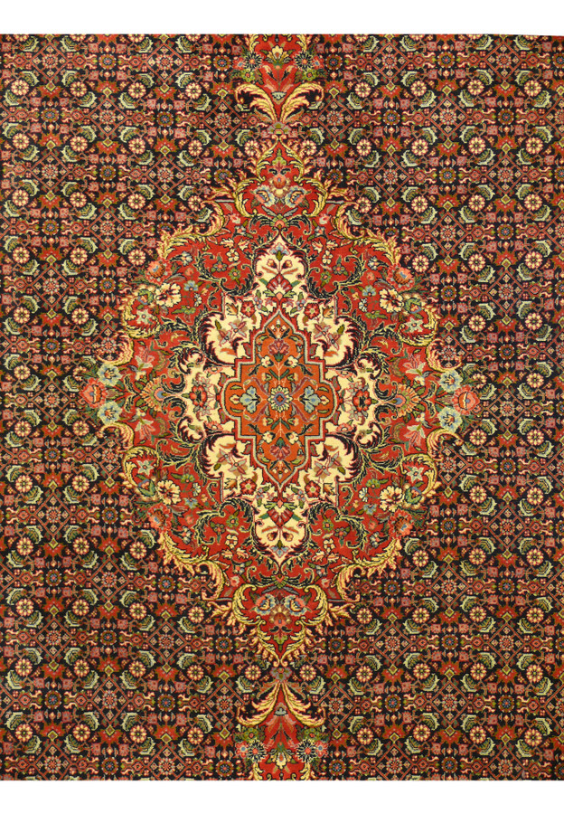 Close-up of central medallion with ivory, gold, and sky blue accents on crimson red