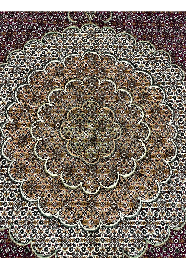 Central medallion of 10x10 Tabriz 50 Raj Persian Rug with layered scalloped petals in ivory, rust, and gold tones