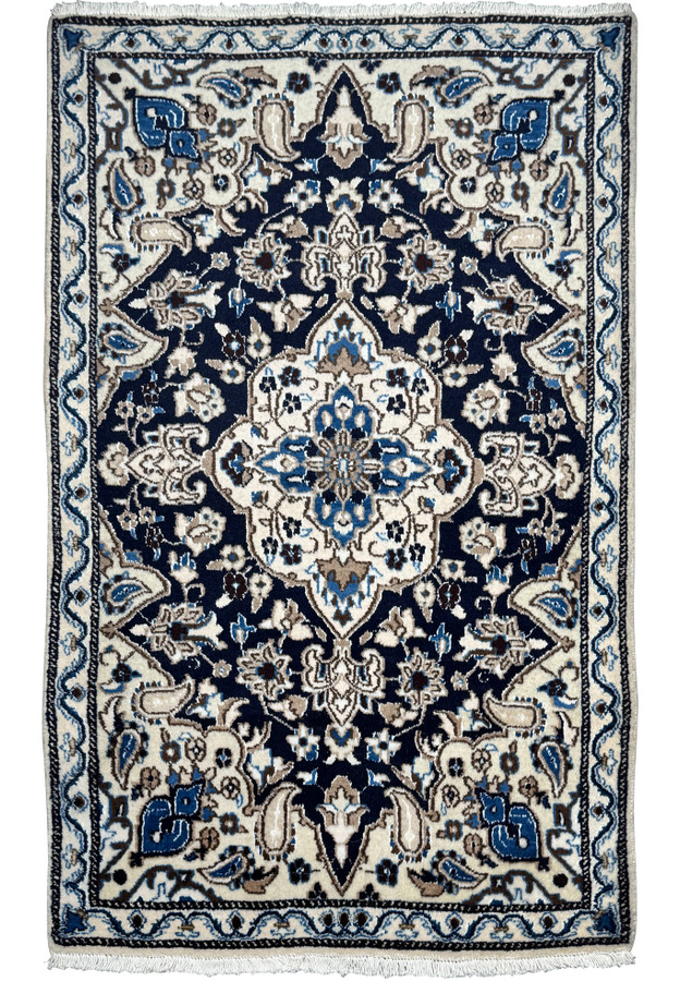 Full view of 3 x 4'8 Navy Blue Nain Persian Rug handmade in Iran