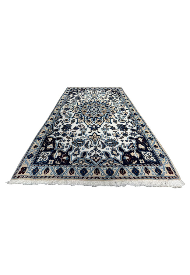Laid flat 2'9 x 4'10" Ivory Nain Persian Rug showing ivory background and medallion