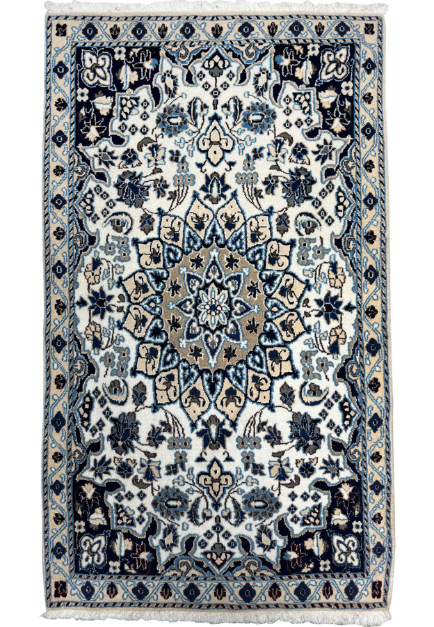 Full view of 2'9 x 4'10" Ivory Nain Persian Rug with ivory field and navy border