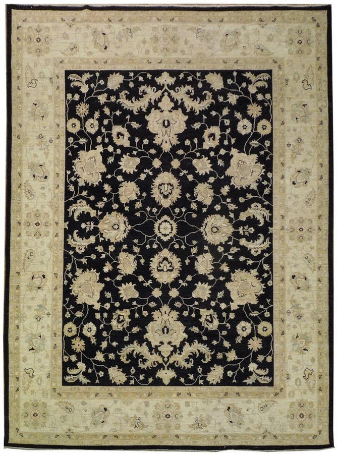 9 x12 Black-Ivory Peshawar Rug All-Over Design