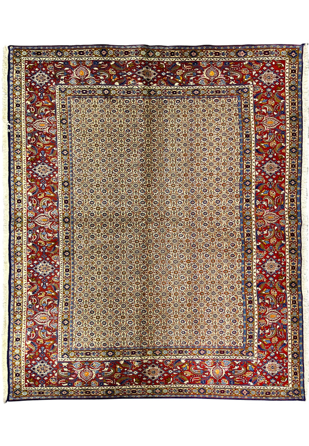 Full view of 6'4 x 8 Persian Moud All-Over Rug with ivory field and red border