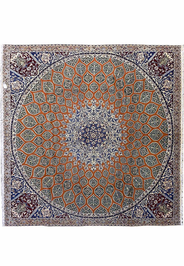 Full view of the 9'6" x 9' square Persian Nain 6La silk rug featuring a radiant medallion, rust-orange field, navy-blue floral motifs, and intricate ivory borders hand-knotted in Iran.