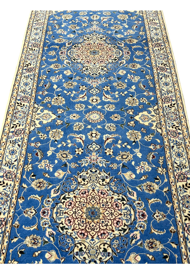 Royal blue field with continuous floral and vine motifs, Persian Nain 6LA handwoven runner