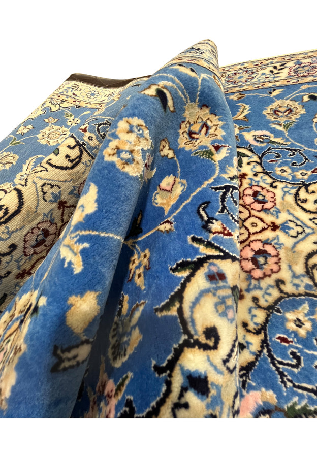 2'8 x 17'2 Blue Persian Nain 6LA Runner showing close-up of raised wool pile with shimmering off-white silk highlights and floral motifs.