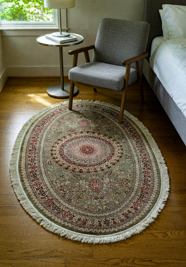 Full oval view of Persian Qum pure silk rug