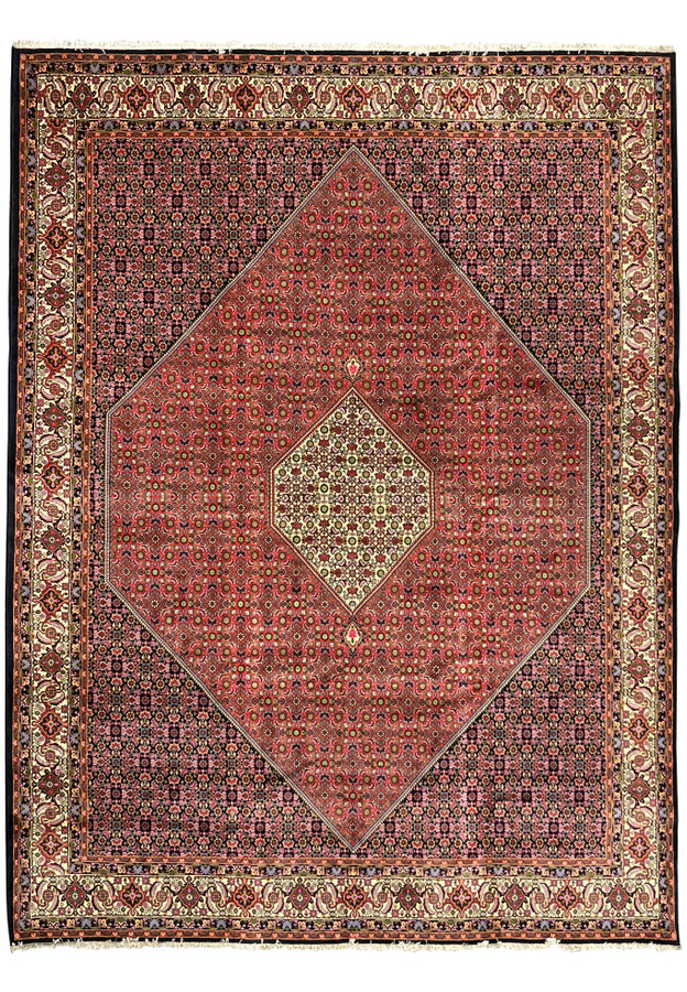 Full view of rare size Persian Bijar iron rug with deep red field, ivory medallion, dense Herati pattern, and highly detailed floral border