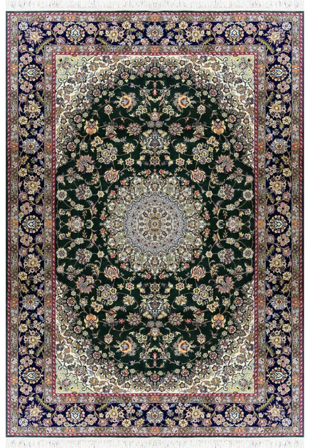 7x10 deep forest green Persian Nain 9LA rug with ivory medallion, navy floral border, fine wool and silk detail, hand knotted in Iran