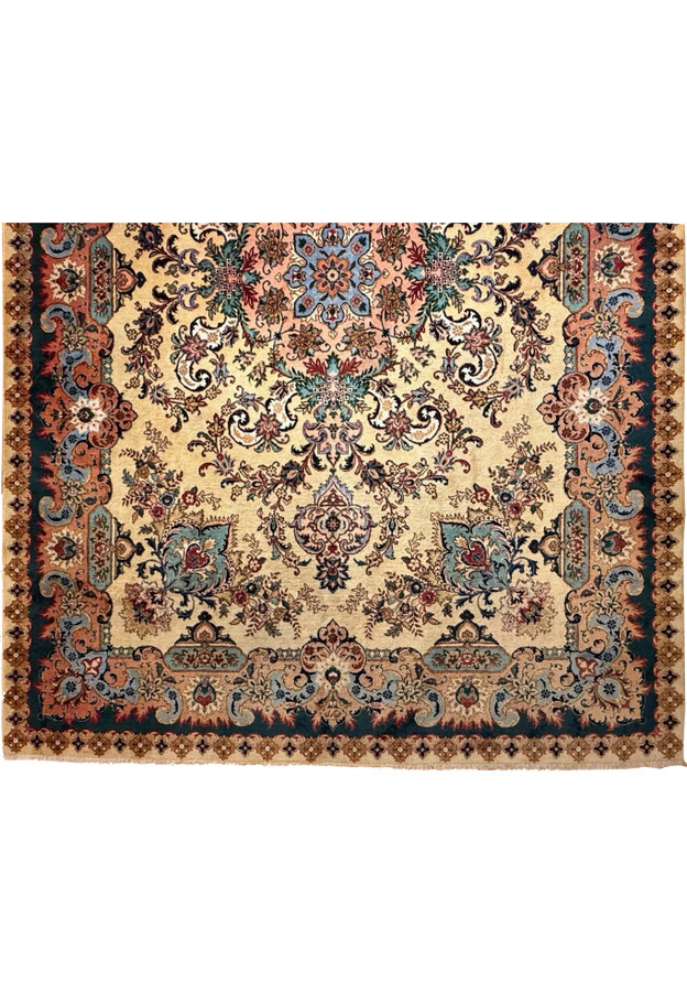 Lower border view showing deep teal frame with coral floral panels and ivory trim