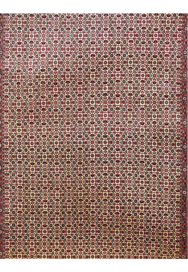 Close-up of allover field pattern on Bijar Persian Iron Rug with repeating burgundy, cream, navy, and green motifs