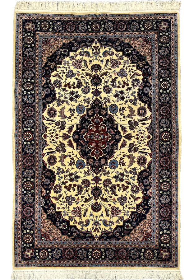 5'2 x 8 Persian Tabriz rug with ivory field, central medallion, and dark navy floral border