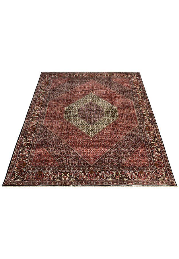 Hand knotted Persian Bijar iron rug laid flat showing central diamond medallion and dense red geometric field