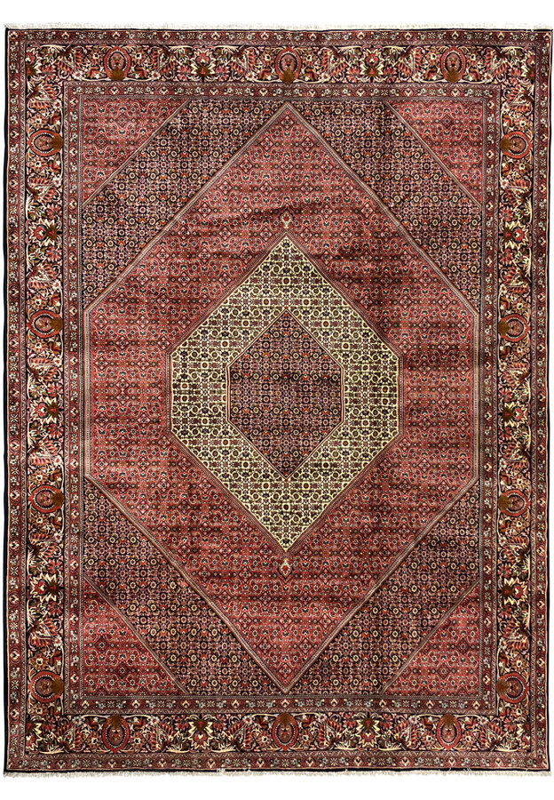 Full view of large Persian Bijar iron rug with diamond medallion and bold red geometric design