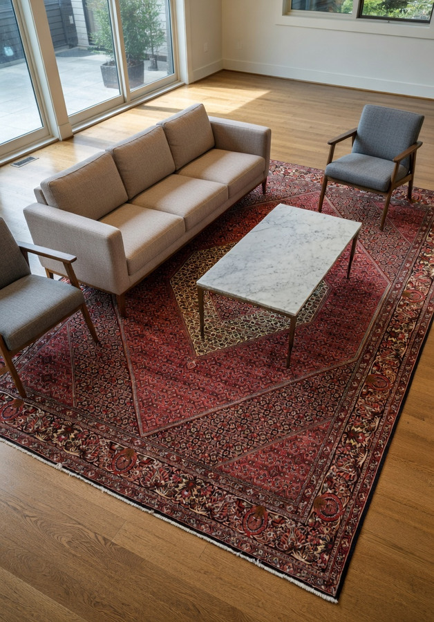 Full view of large Persian Bijar iron rug