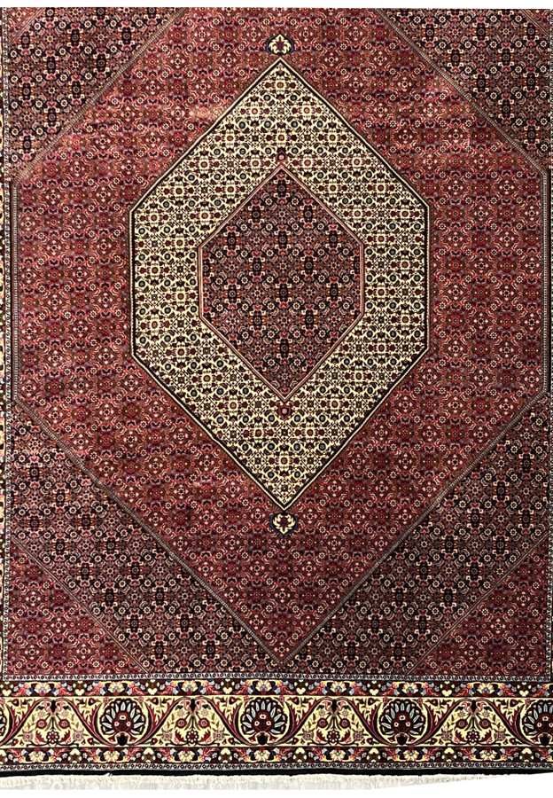Lower section view showing geometric pattern transitions and rich red tones in a Persian Bijar rug