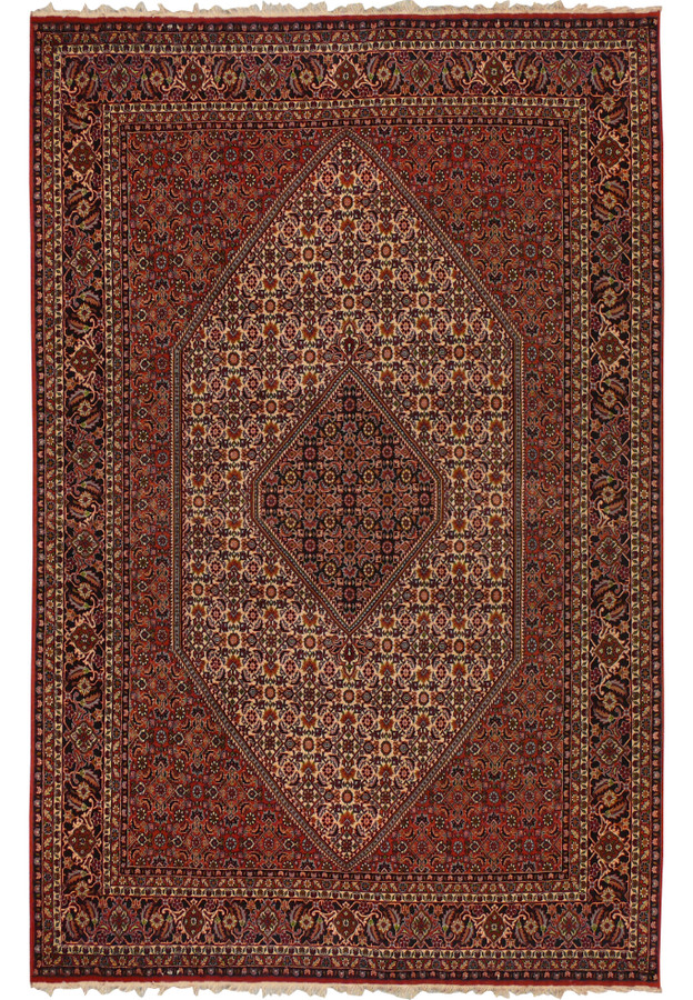 Full view of a 6'5 x 10 authentic Persian Bijar rug featuring a deep brick red field, ivory diamond medallion, dense floral motifs, and dark navy borders